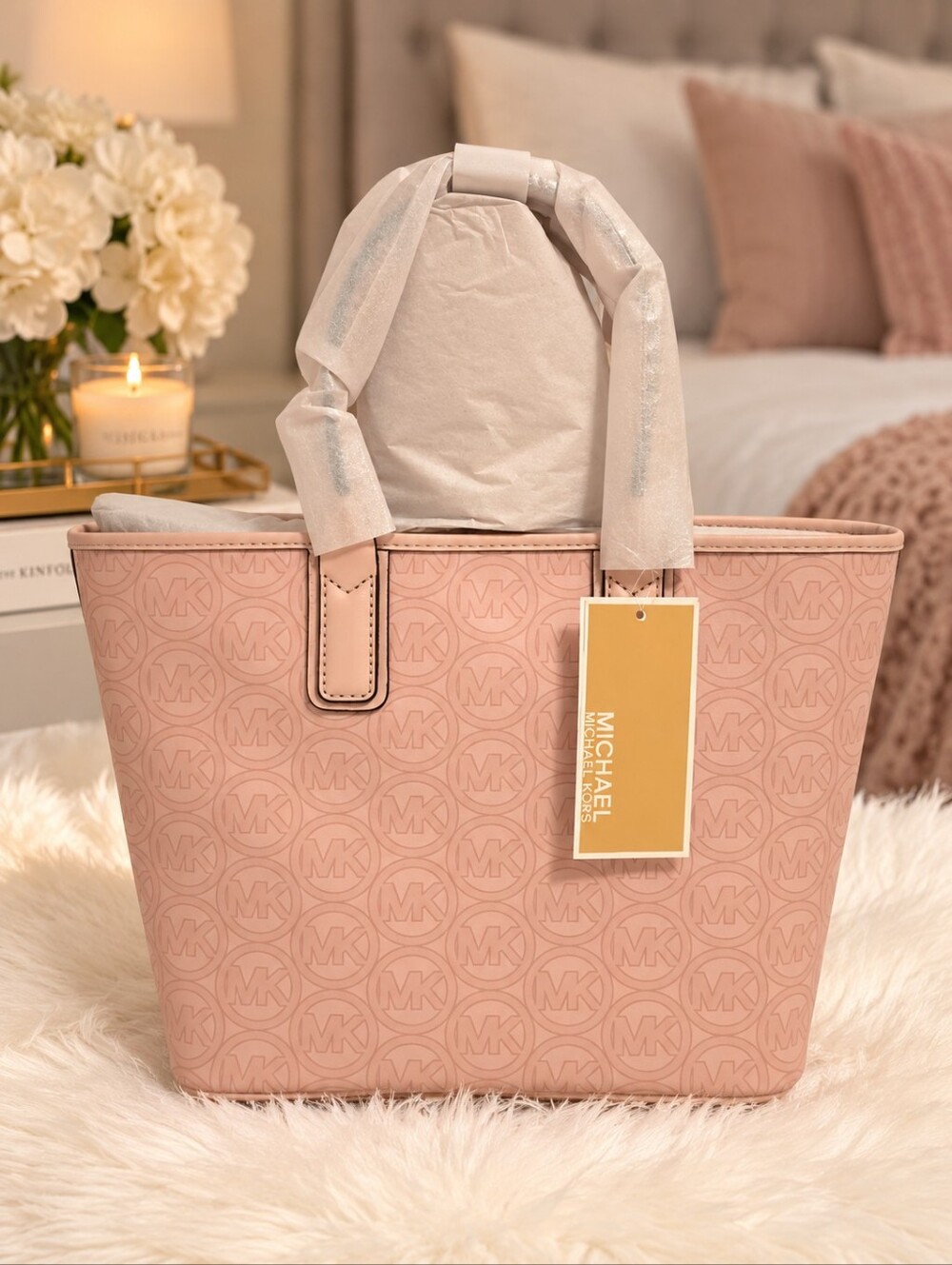 Michael Kors Jodie Small Tote Powder Blush Pink MK Logo Jacquard NWT